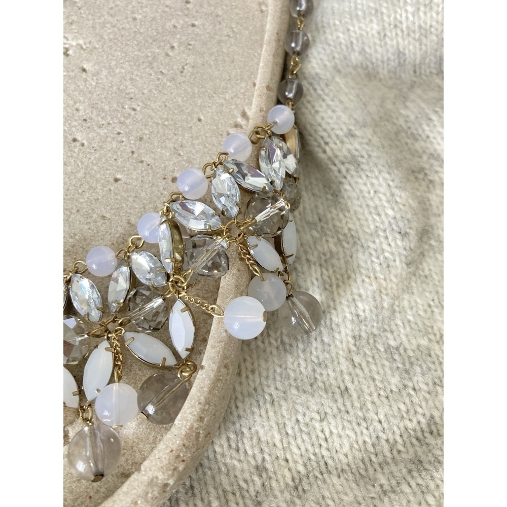 Gold Tone Statement Bib Necklace Rhinestone White Faux Opal Bead Dangle Collar - Picture 6 of 8